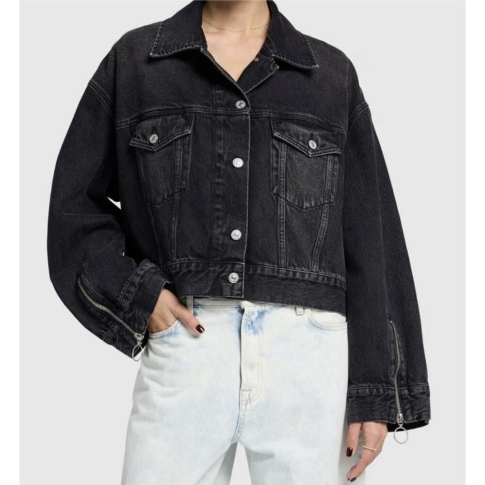 7 For All Mankind M Cropped Black Denim Jacket Zip Detail Luxury $398